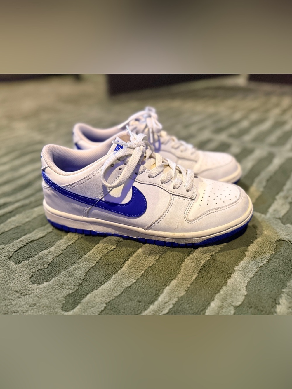 Nike Kids White and Blue Low-Top Sneakers with Blue Swoosh